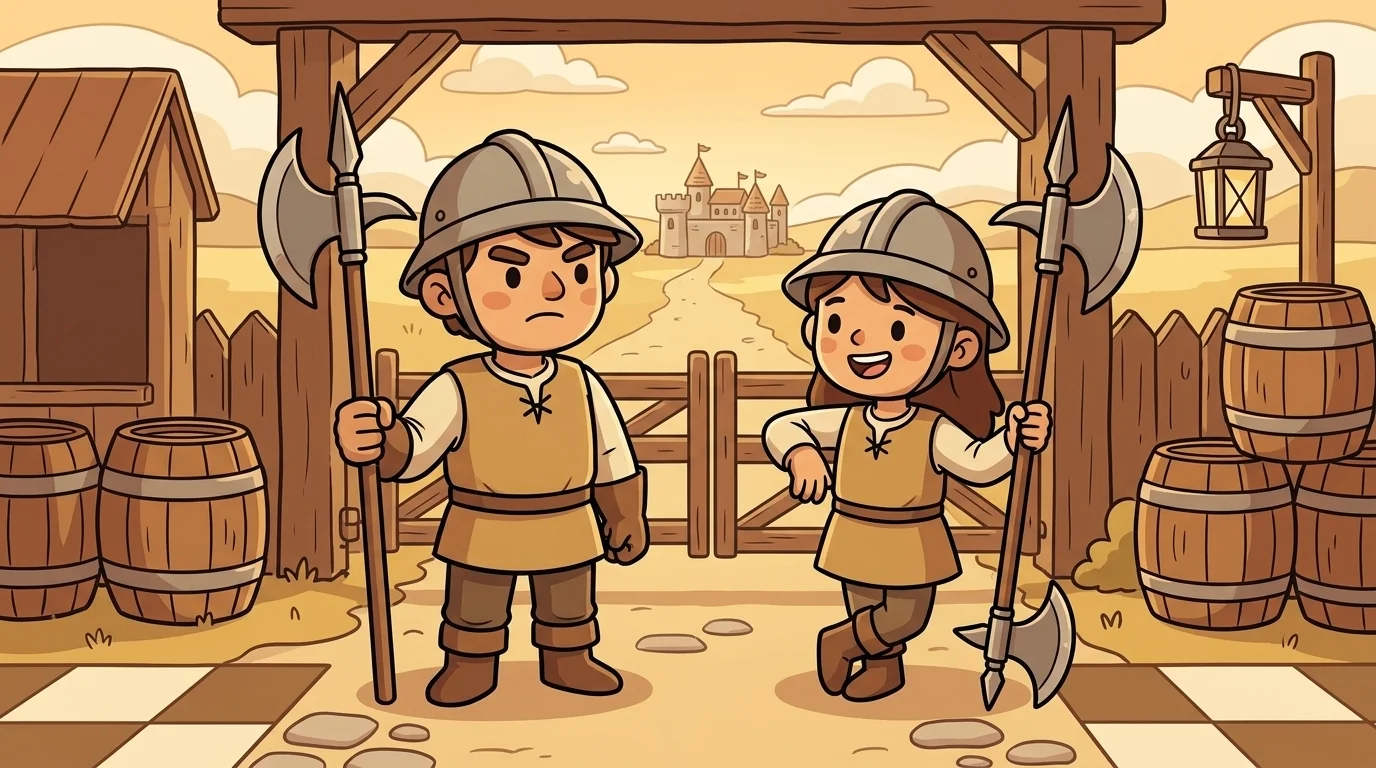 Steg (older, solid, slightly grim, moustached) and Sten (six months younger, brighter expression, blonde braid) standing watch at an eastern border-crossing outpost in winter. Stone gate behind them, wooden palisade, snow on the ground, bundled in blue cloaks with the gold patrol badge, holding halberds upright. Steg rigid; Sten with one elbow leaning easily on her halberd. Cold gray sky.