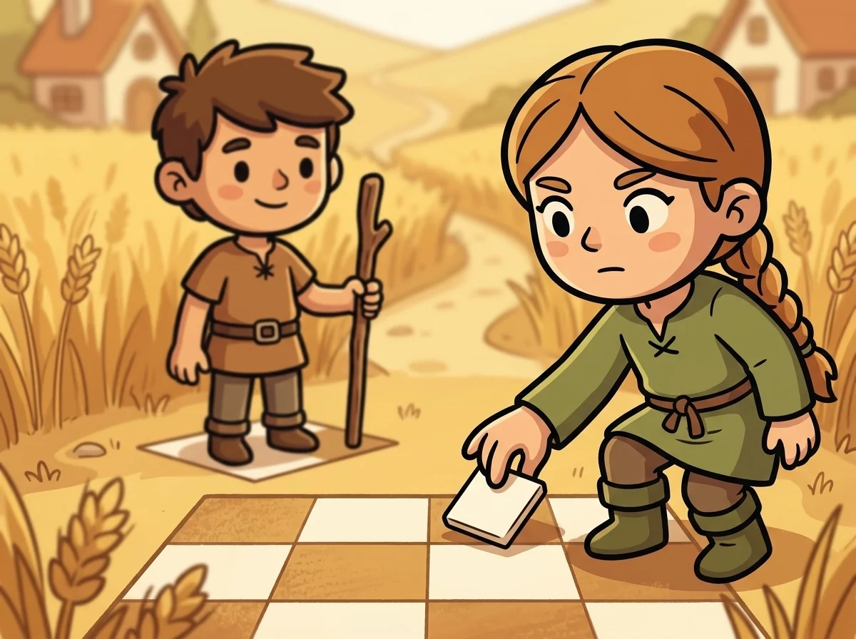 Sienna (elder twin, blonde braid, gold cape over cream apron) and Bran (younger twin, brown tunic, slight smile, humming pose) standing in a Wheatsetter wheatfield at golden hour. Sienna holding a sheaf of wheat; Bran with a small sickle resting on his shoulder. Mountains in the far background, wooden farmhouse visible at the field's edge. Warm golden light.