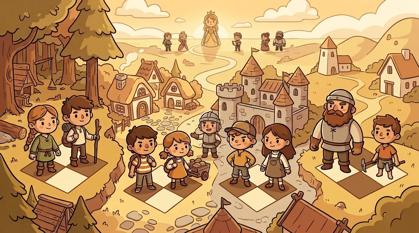 Full cohort gathered at the eighth rank of a chessboard. One pawn — Gable — has reached the far rank and stands taller, transformed mid-promotion, his grey-blue tunic now haloed by soft gold light. The rest of the cohort (Castle center, Steg + Sten flanking, Sienna + Bran beside them, Trotter + Trundle next to them, Garrett standing slightly back with a proud expression) all paused mid-action looking at Gable. Captain Castle has his hand raised slightly in welcome. Warm amber light suffuses the whole scene.