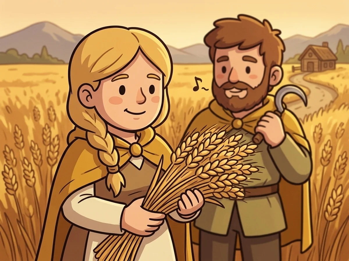 Sienna (elder twin, blonde braid, gold cape over cream apron) and Bran (younger twin, brown tunic, slight smile, humming pose) standing in a Wheatsetter wheatfield at golden hour. Sienna holding a sheaf of wheat; Bran with a small sickle resting on his shoulder. Mountains in the far background, wooden farmhouse visible at the field's edge. Warm golden light.