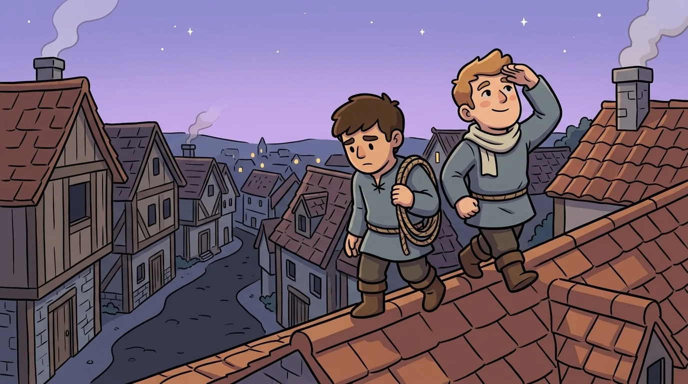 Gable (thoughtful expression, grey-blue tunic, brown hair, rope coil at hip, looking down at the streets below) and Garrett (dreamy expression, similar grey-blue tunic with a lighter scarf, looking up at the clouds with one hand shading his eyes) walking the connected rooftops of a northern hill town at twilight. Tiled roofs sloping in all directions, distant chimneys, lavender twilight sky with first stars appearing. Gable in mid-stride; Garrett pausing.